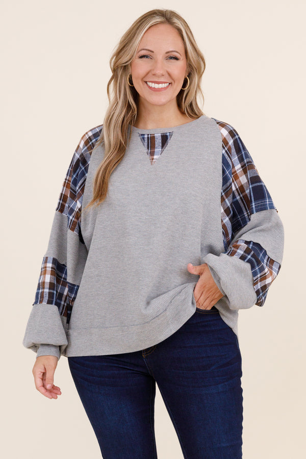 Chic Soul plus size clothing, gray sweater with blue and brown plaid pattern sleeves