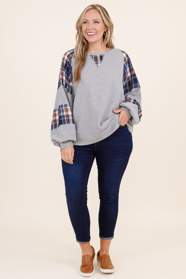 Chic Soul plus size clothing, gray sweater with blue and brown plaid pattern sleeves