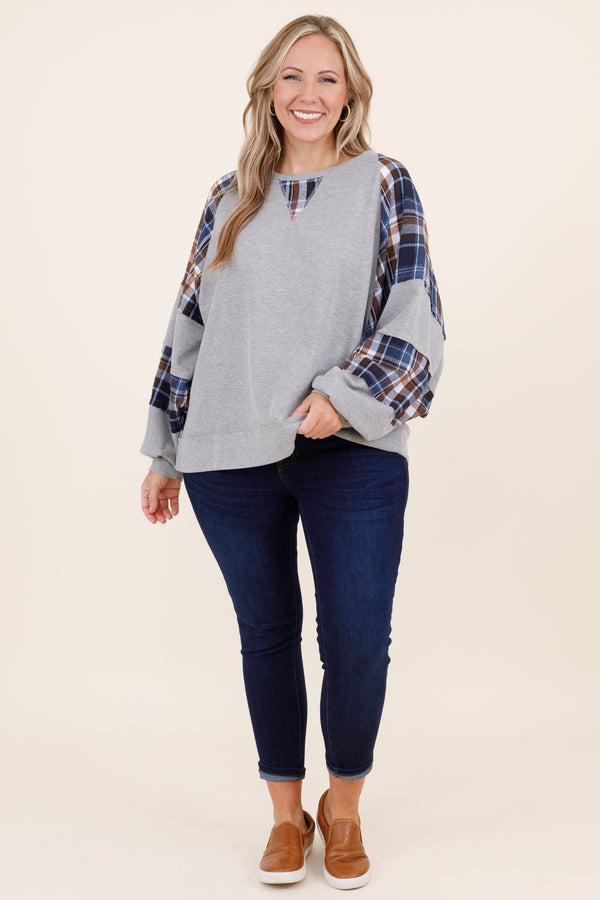 Chic Soul plus size clothing, gray sweater with blue and brown plaid pattern sleeves