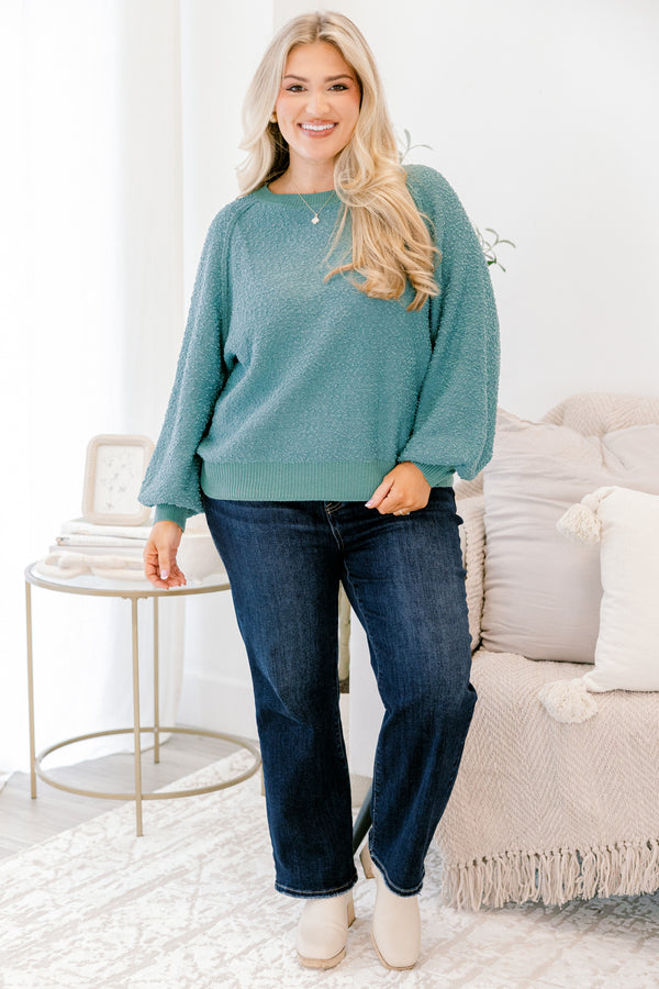 Chic Soul plus size clothing, teal long bubble sleeve fuzzy top