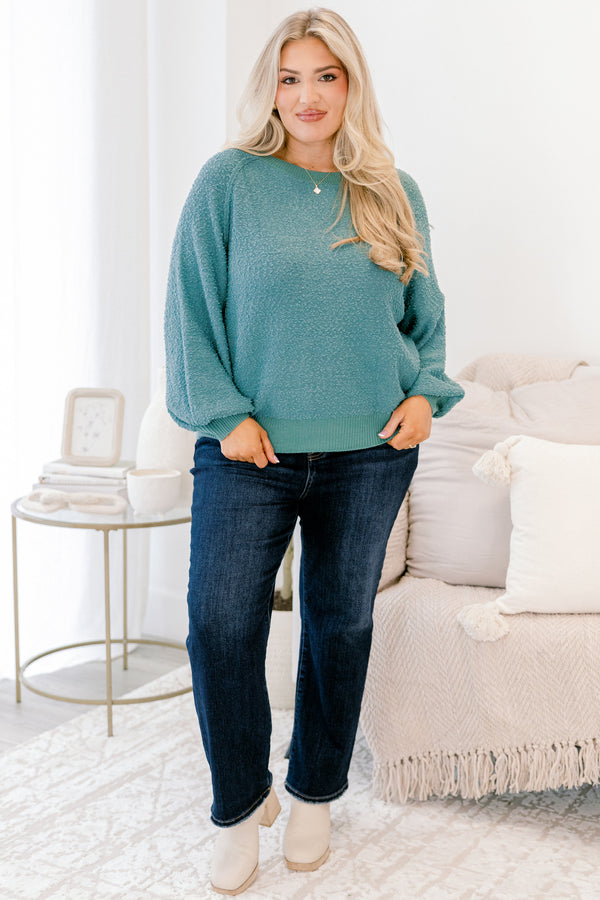 Chic Soul plus size clothing, teal long bubble sleeve fuzzy top