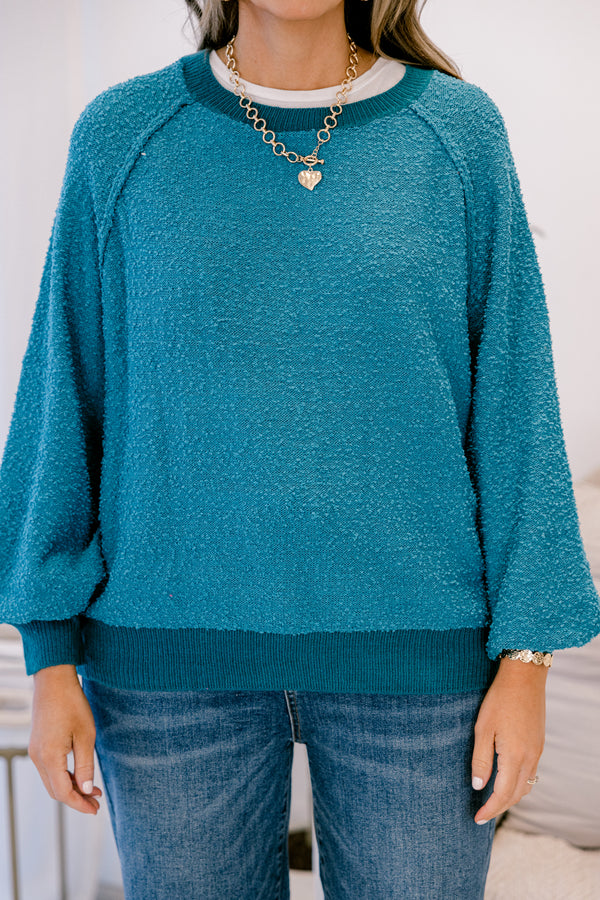 Chic Soul plus size clothing, dark teal long bubble sleeve fuzzy top