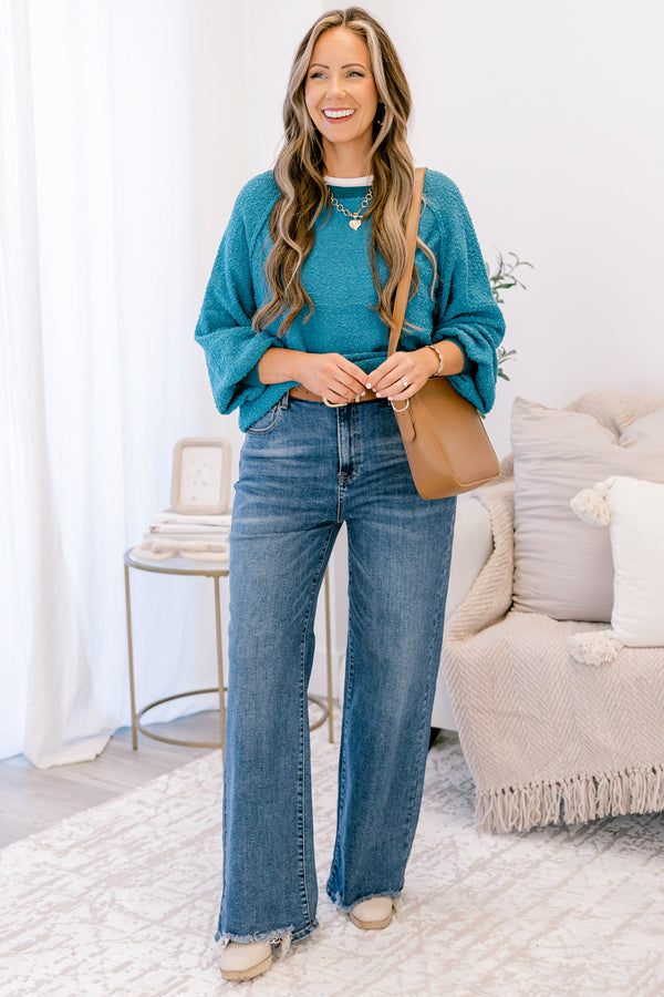 Chic Soul plus size clothing, dark teal long bubble sleeve fuzzy top