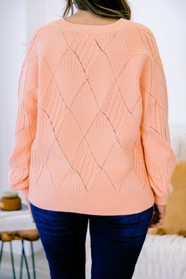 Chic Soul plus size clothing, peach knit long sleeve sweater with diamon stitching patter with bubble sleeves