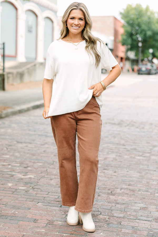 Plus Size mid-rise straight-leg cropped ankle jeans in espresso brown denim.