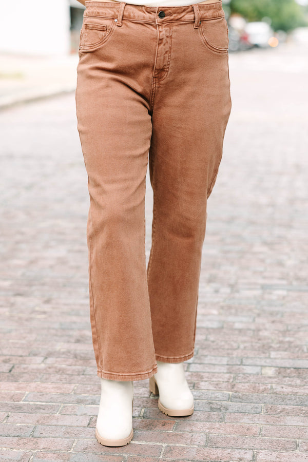 Plus Size mid-rise straight-leg cropped ankle jeans in espresso brown denim.