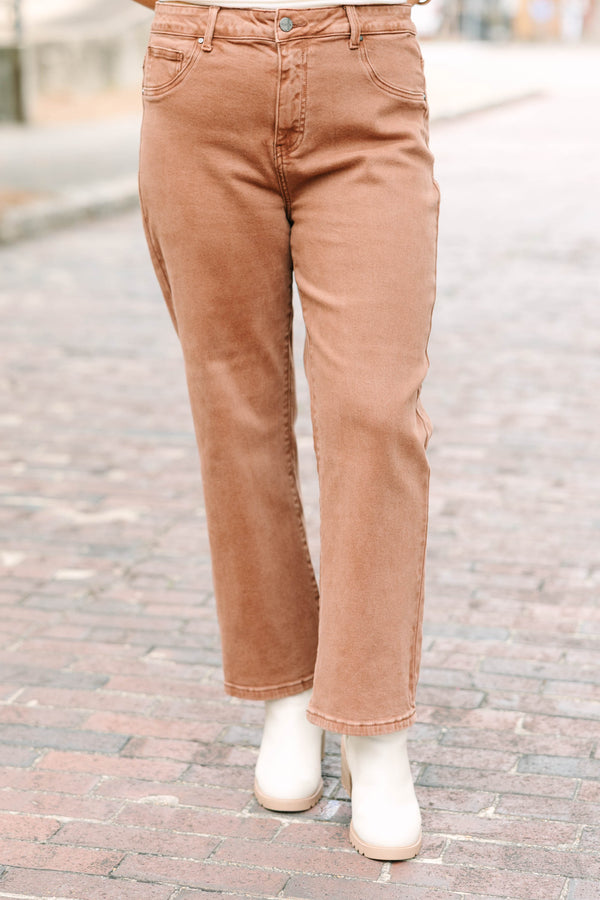 Plus Size mid-rise straight-leg cropped ankle jeans in espresso brown denim.