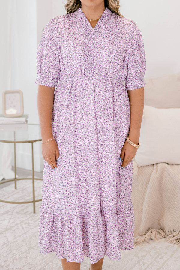 Chic Soul plus size clothing, light purple floral puff sleeve flowy maxi dress with v neck cutout, cinched waist, and large ruffle hem