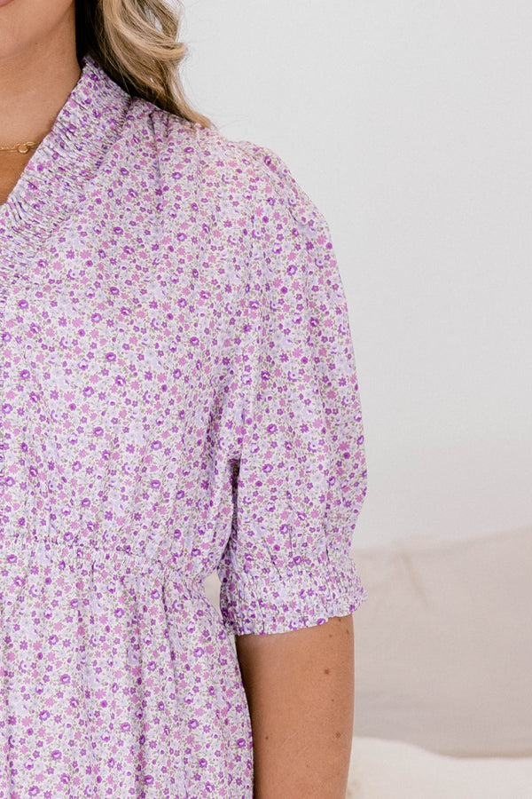 Chic Soul plus size clothing, light purple floral puff sleeve flowy maxi dress with v neck cutout, cinched waist, and large ruffle hem