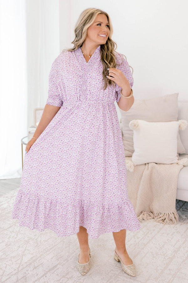 Chic Soul plus size clothing, light purple floral puff sleeve flowy maxi dress with v neck cutout, cinched waist, and large ruffle hem