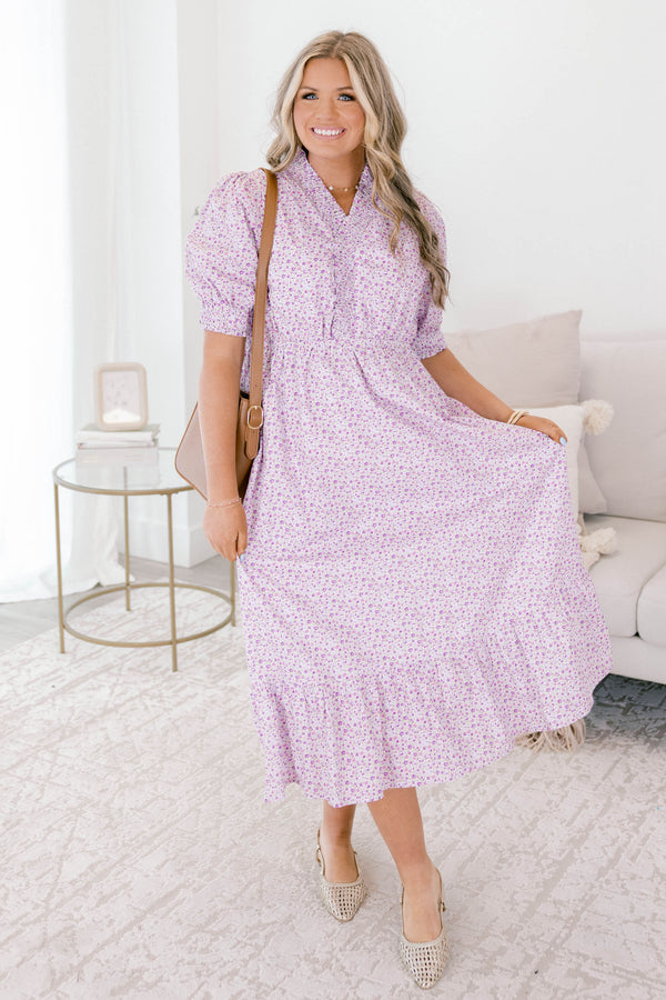 Chic Soul plus size clothing, light purple floral puff sleeve flowy maxi dress with v neck cutout, cinched waist, and large ruffle hem
