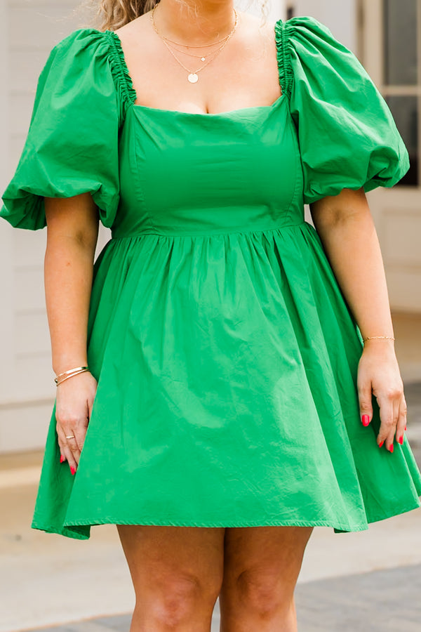 Chic Soul plus size clothing, kelly green dress with puff sleeves and bow detail in the back