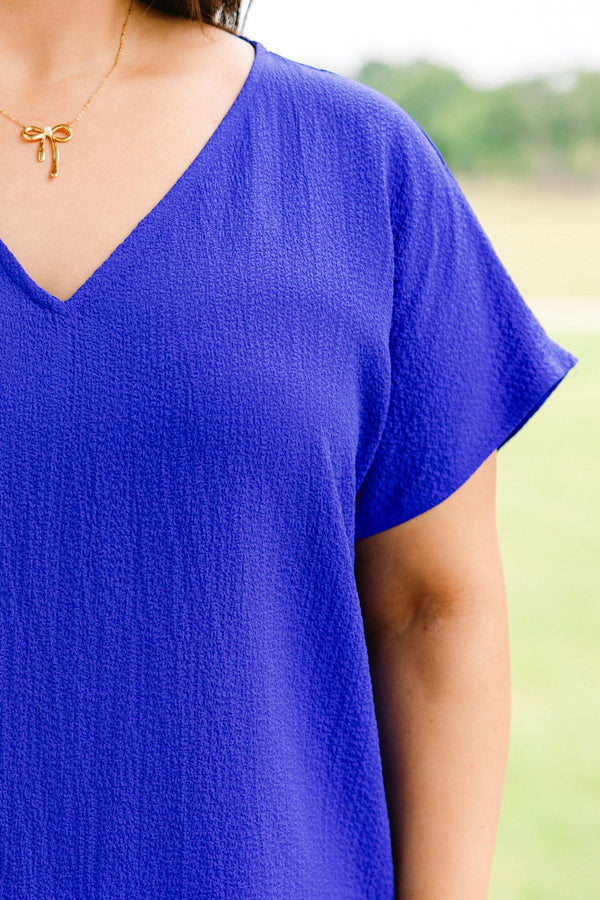Chic Soul plus size clothing, royal blue short sleeve flowy top with v neckline