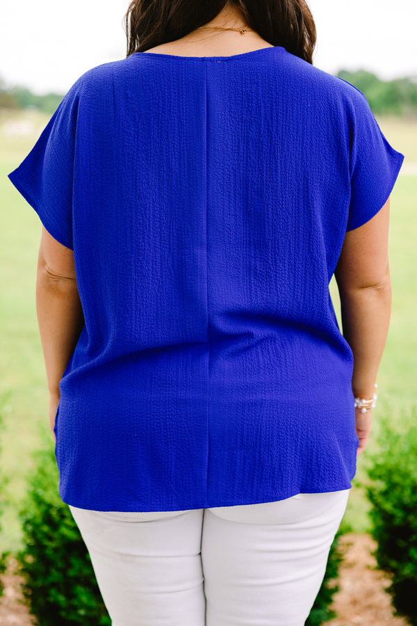 Chic Soul plus size clothing, royal blue short sleeve flowy top with v neckline