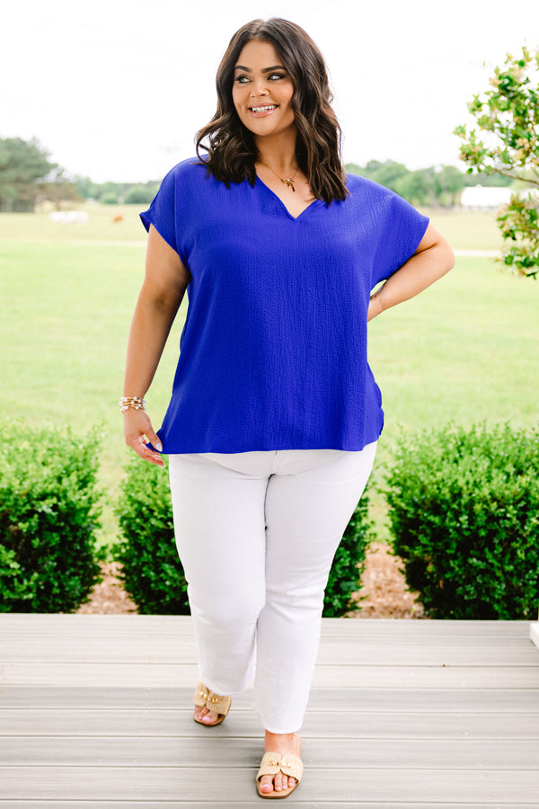 Chic Soul plus size clothing, royal blue short sleeve flowy top with v neckline
