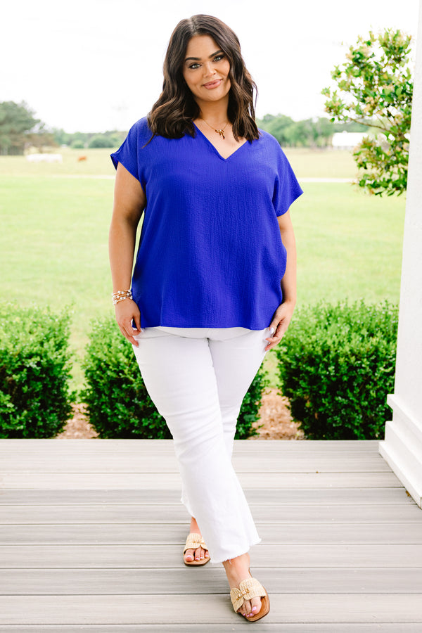 Chic Soul plus size clothing, royal blue short sleeve flowy top with v neckline