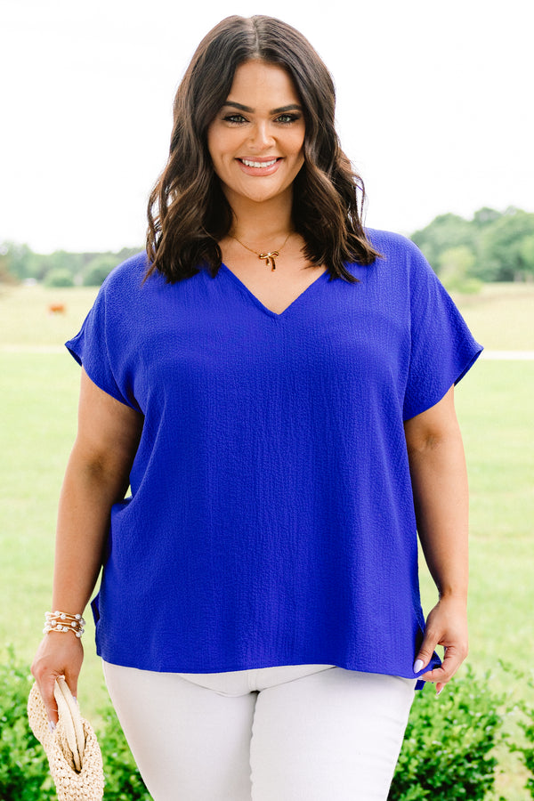 Chic Soul plus size clothing, royal blue short sleeve flowy top with v neckline