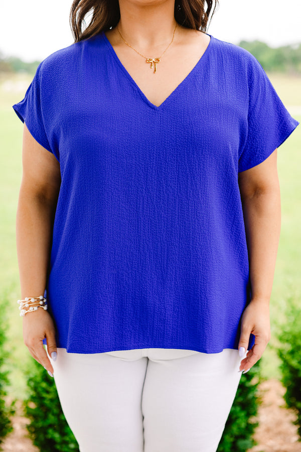 Chic Soul plus size clothing, royal blue short sleeve flowy top with v neckline
