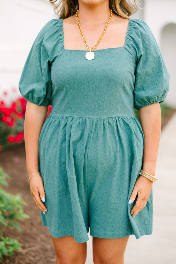 Chic Soul plus size clothing, green short sleeve romper with elastic puff sleeves