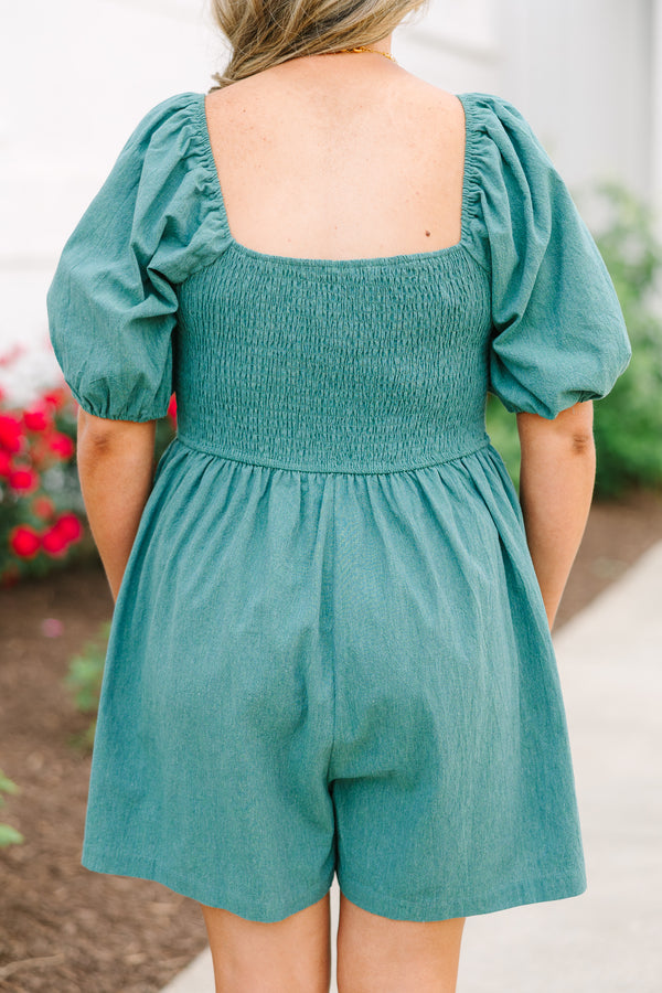 Chic Soul plus size clothing, green short sleeve romper with elastic puff sleeves