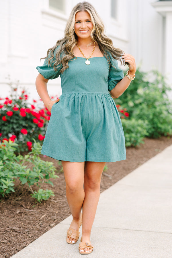 Chic Soul plus size clothing, green short sleeve romper with elastic puff sleeves