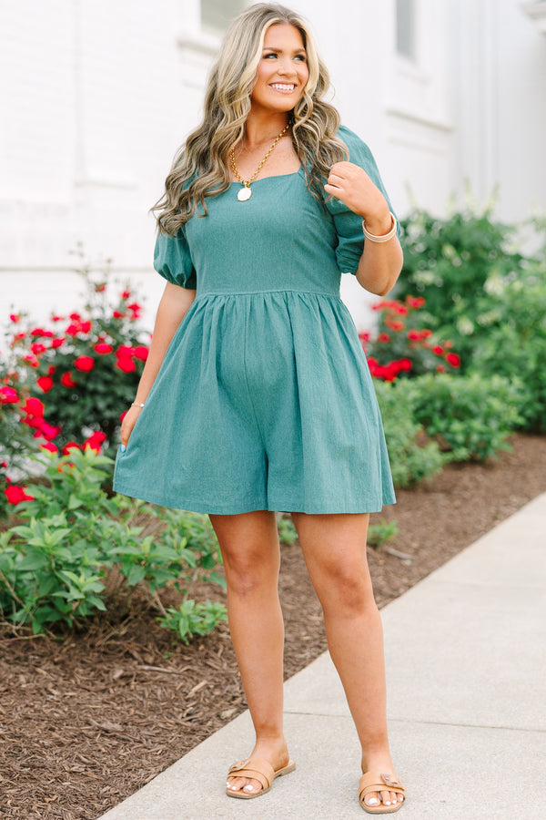 Chic Soul plus size clothing, green short sleeve romper with elastic puff sleeves