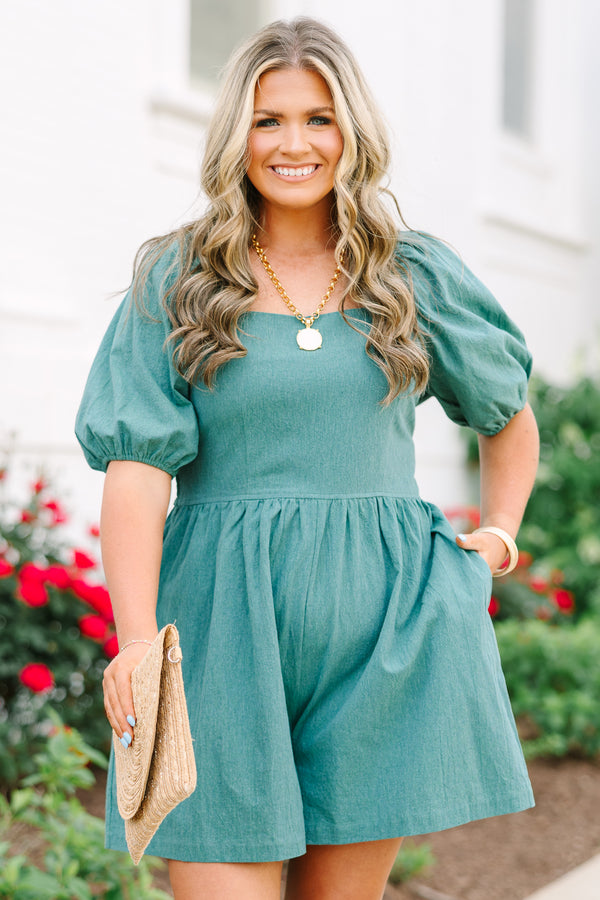 Chic Soul plus size clothing, green short sleeve romper with elastic puff sleeves