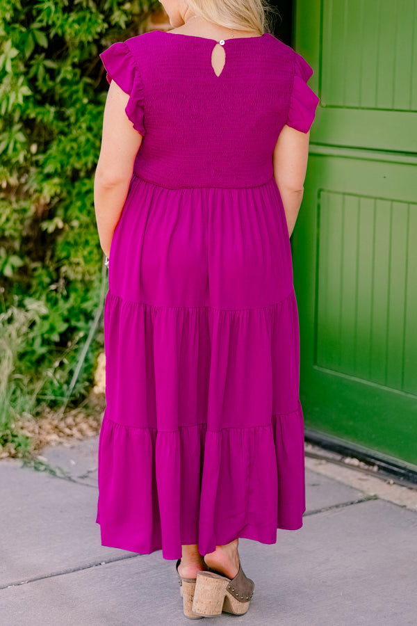 Chic Soul Plus size clothing, berry colored tiered maxi dress with a textured chest and flutter sleeves 
