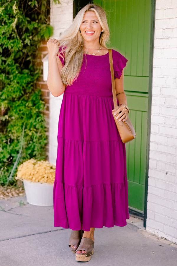 Chic Soul Plus size clothing, berry colored tiered maxi dress with a textured chest and flutter sleeves 