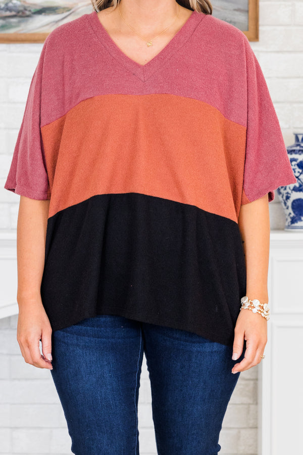 Chic Soul plus size clothing, mauve orange and black colorblock top with a v neckline and flowy short sleeves
