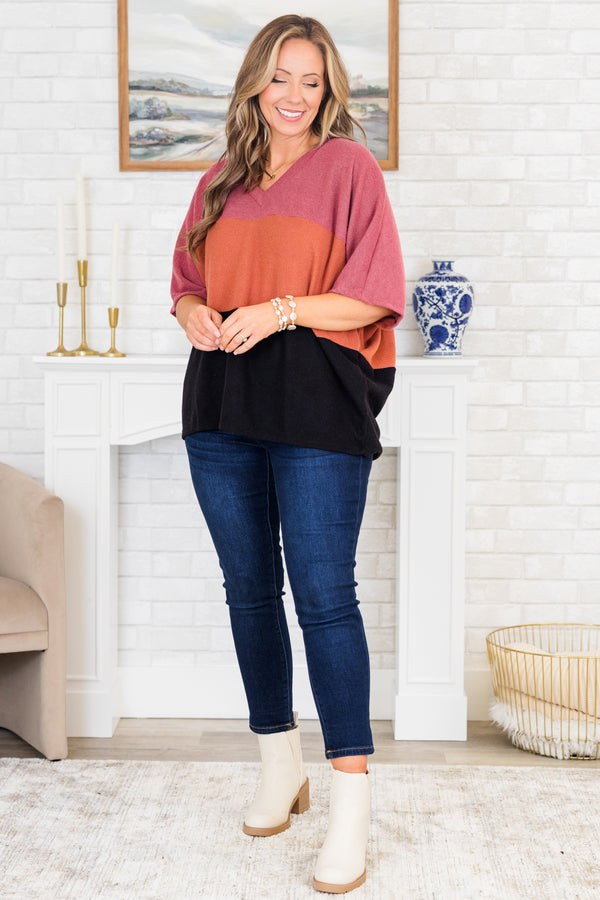 Chic Soul plus size clothing, mauve orange and black colorblock top with a v neckline and flowy short sleeves