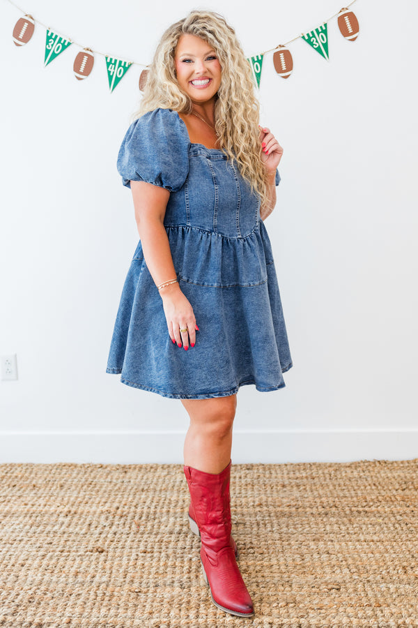 Chic Soul plus size clothing, short-sleeve medium-wash denim ruffled baby doll dress with puffed sleeves and square neck-line