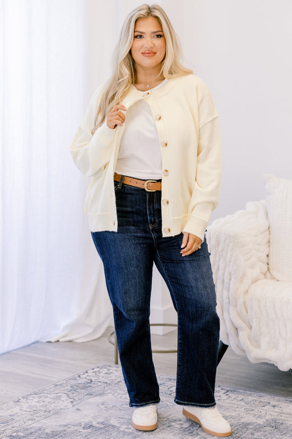 Chic Soul plus size clothing, cream long sleeve fuzzy cardigan with brown buttons down the center