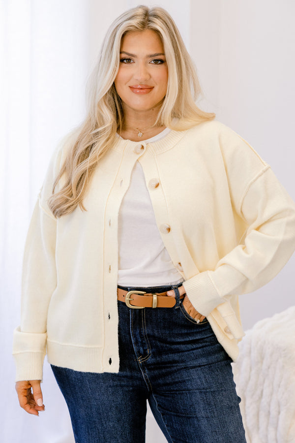 Chic Soul plus size clothing, cream long sleeve fuzzy cardigan with brown buttons down the center