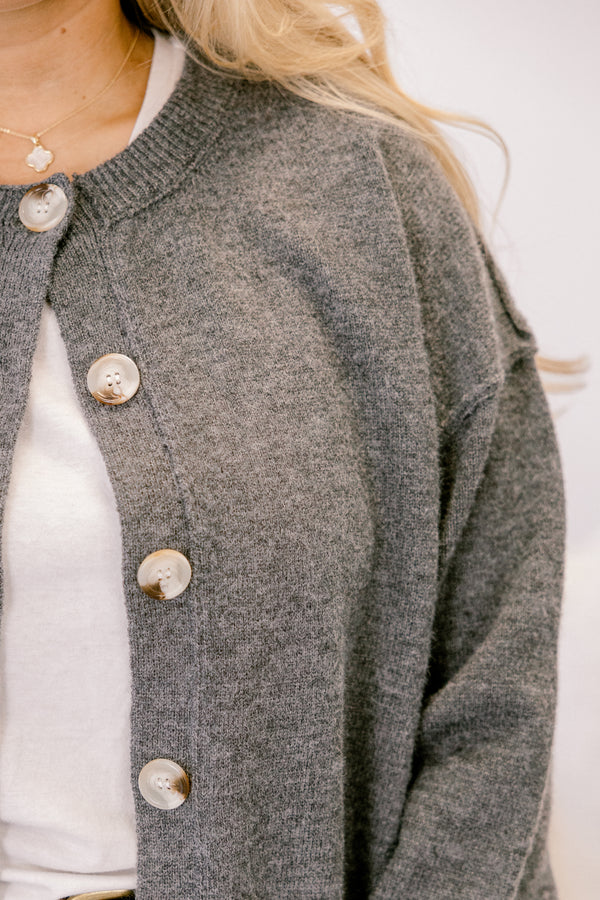 Chic Soul plus size clothing, dark gray button up long sleeve cardigan with large wooden style buttons 