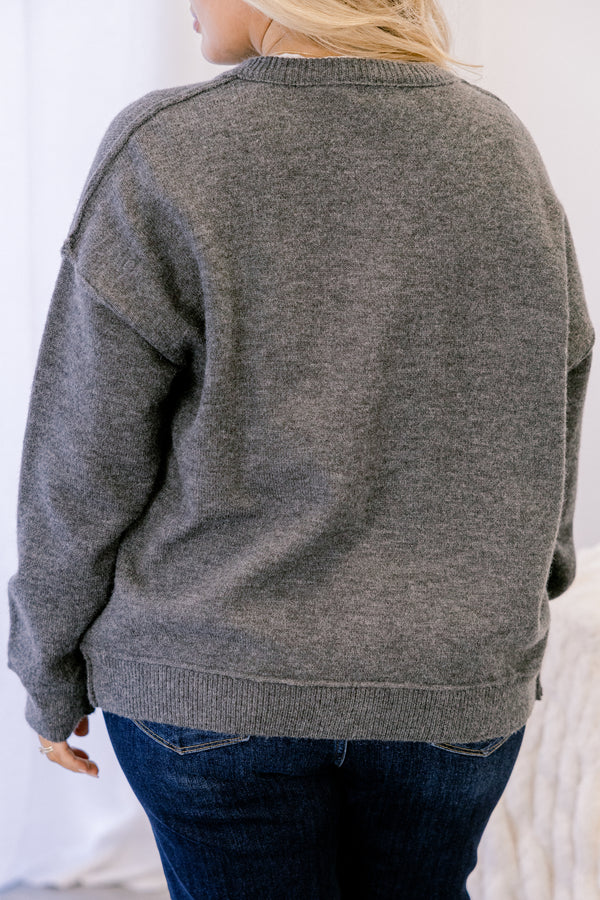 Chic Soul plus size clothing, dark gray button up long sleeve cardigan with large wooden style buttons 