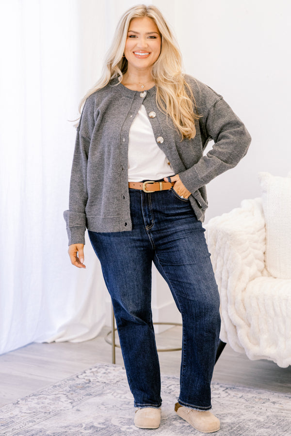 Chic Soul plus size clothing, dark gray button up long sleeve cardigan with large wooden style buttons 