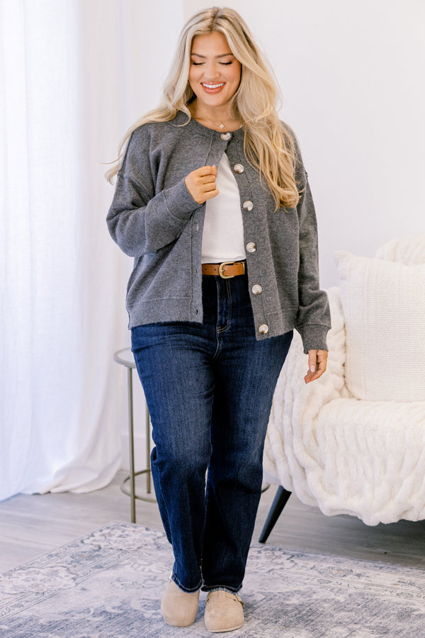Chic Soul plus size clothing, dark gray button up long sleeve cardigan with large wooden style buttons 