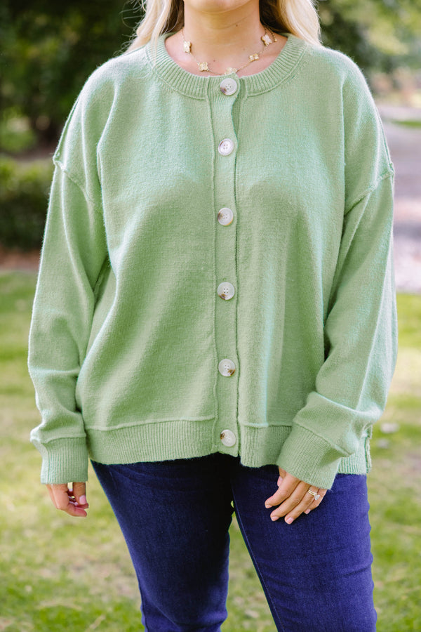Chic Soul plus size clothing, green long sleeve button up crew neck cardigan with light wood buttons 
