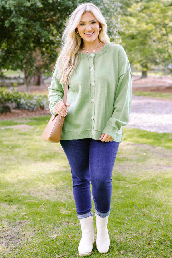 Chic Soul plus size clothing, green long sleeve button up crew neck cardigan with light wood buttons 
