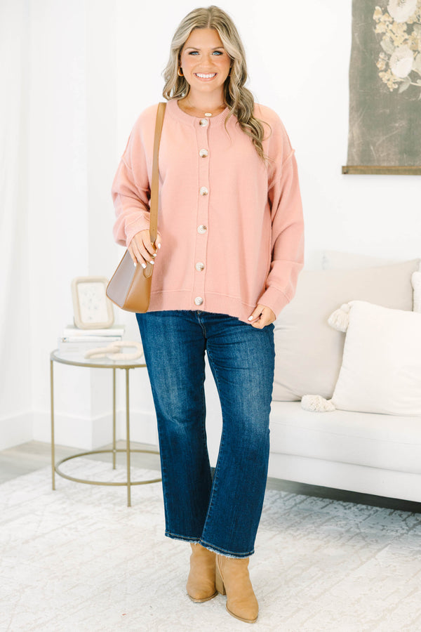 Plus size mauve knit cardigan with a relaxed fit, button-down front, and soft, stretchy fabric.