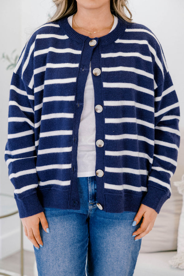 Chic Soul plus size clothing, navy and white horizontal striped button up cardigan