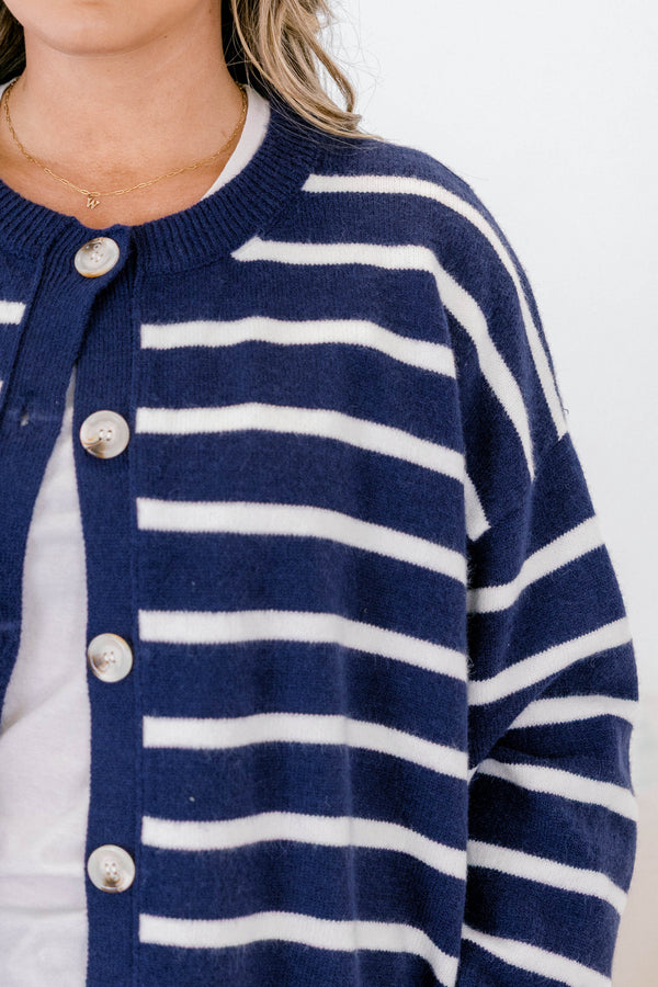 Chic Soul plus size clothing, navy and white horizontal striped button up cardigan