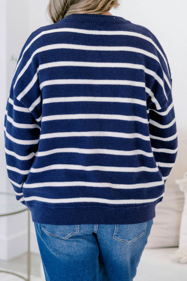 Chic Soul plus size clothing, navy and white horizontal striped button up cardigan