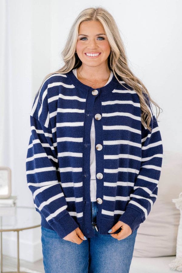 Chic Soul plus size clothing, navy and white horizontal striped button up cardigan