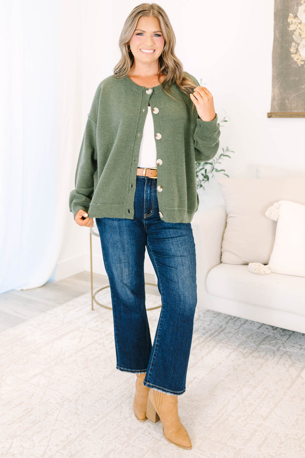 Plus Size olive green button-down cardigan with a round neckline and long sleeves.