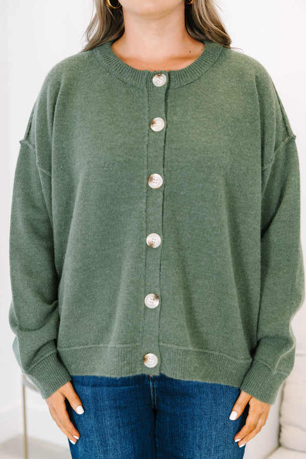 Plus Size olive green button-down cardigan with a round neckline and long sleeves.