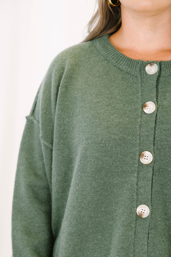 Plus Size olive green button-down cardigan with a round neckline and long sleeves.