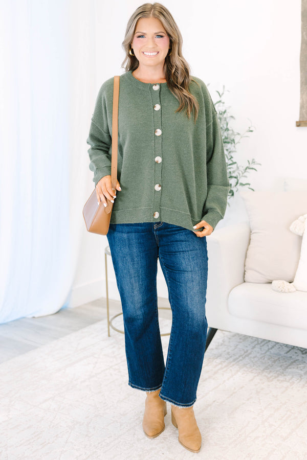 Plus Size olive green button-down cardigan with a round neckline and long sleeves.