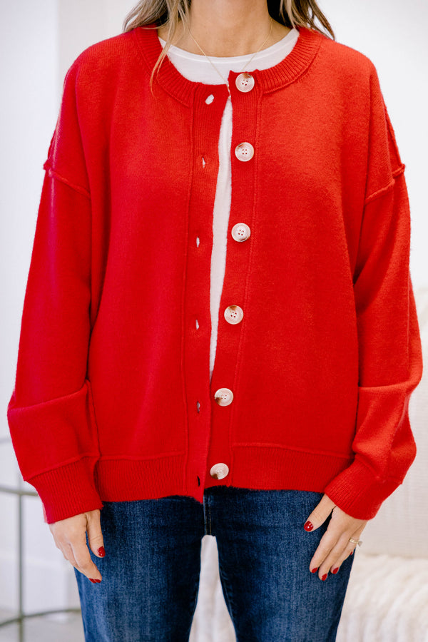 Chic Soul plus size clothing, red long sleeve button up cardigan with light wooden buttons